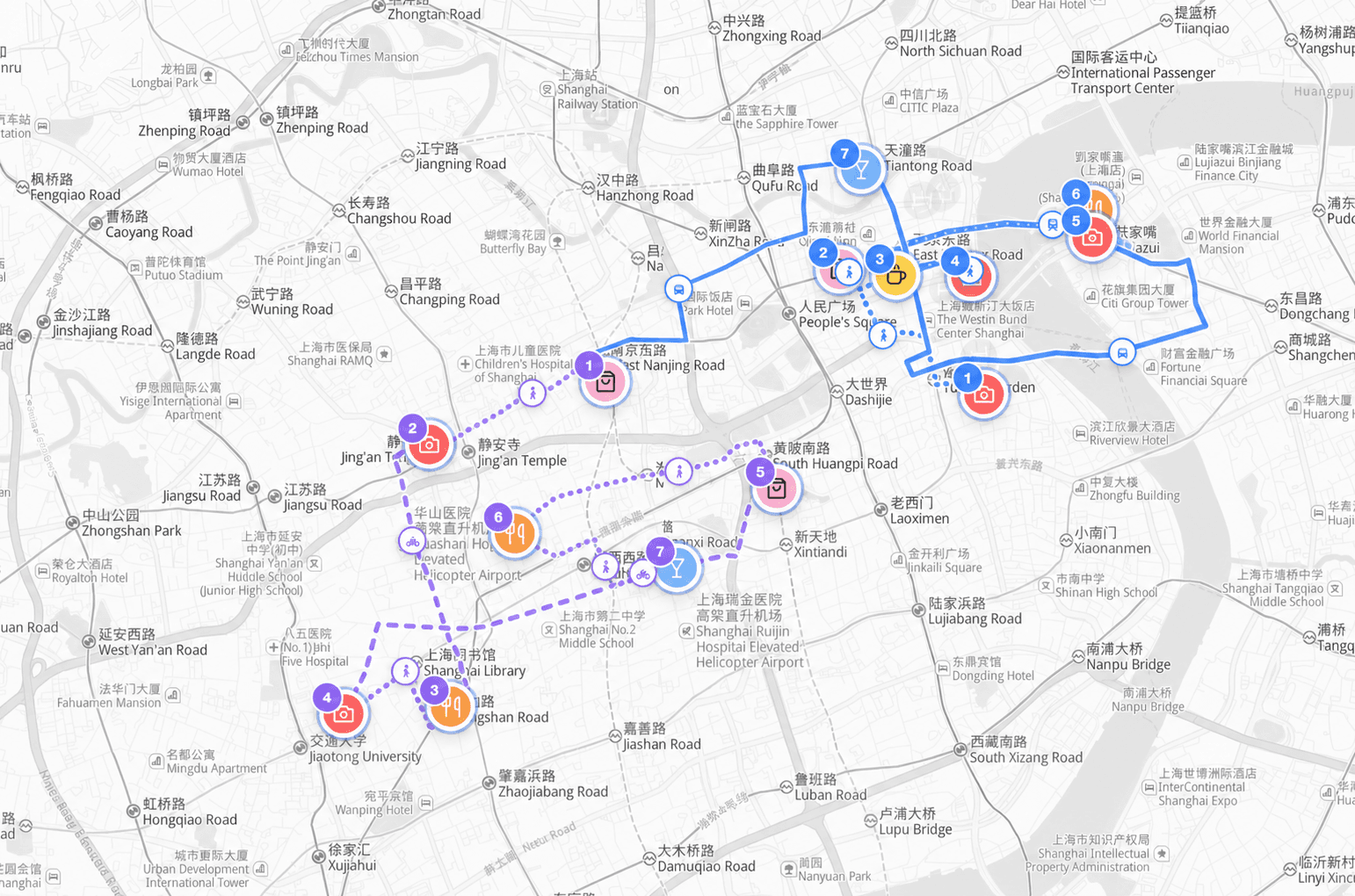 Two-day Shanghai route with colored itinerary lines over a monochrome city map
