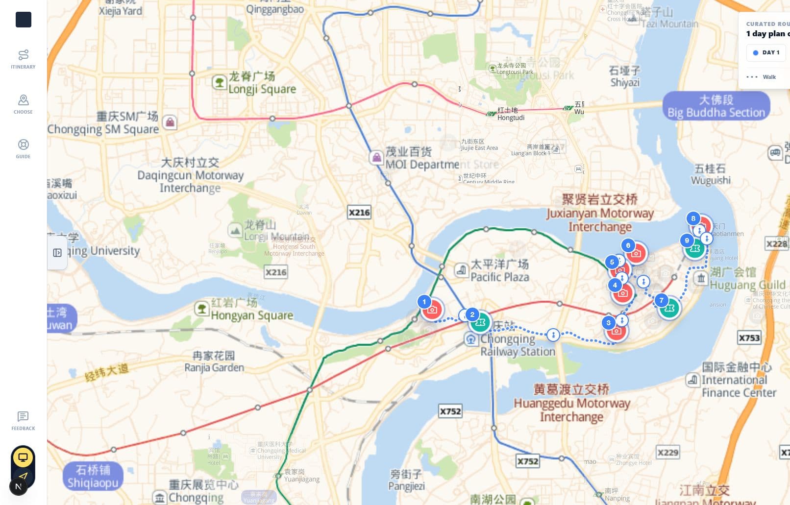 Formscape Travel map with a grayscale Chongqing basemap and all 9 route stops highlighted in blue