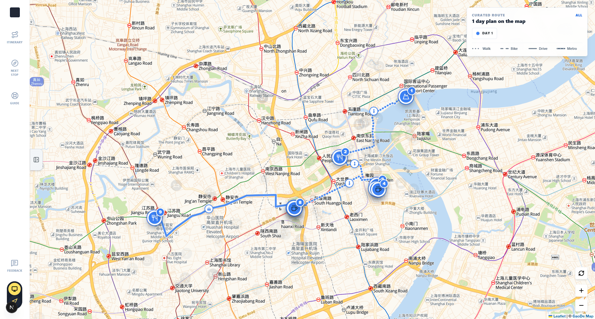 Formscape Travel map with a grayscale Shanghai basemap and all 9 route stops highlighted in blue